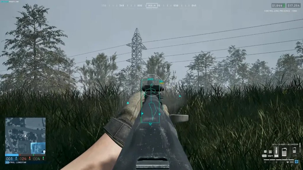 Wardogs cheats aimbot FOV circle and skeleton ESP in an open-map firefight